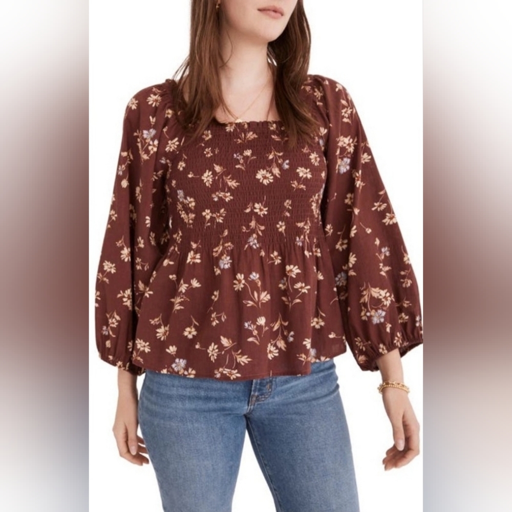 Nwt Madewell Lucie Smocked Square Neck Peplum Blouse Beatrice Floral Dark Merlot - Picture 1 of 7